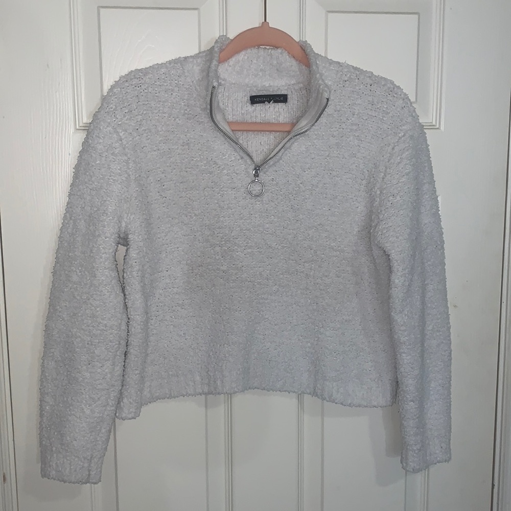 Lightly Worn,White cropped Teddy Bear Quarter Zip by Kendal and Kylie